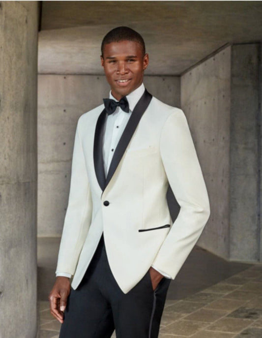 Mens Designer Ivory and Black Traditional Shawl Dinner Jacket