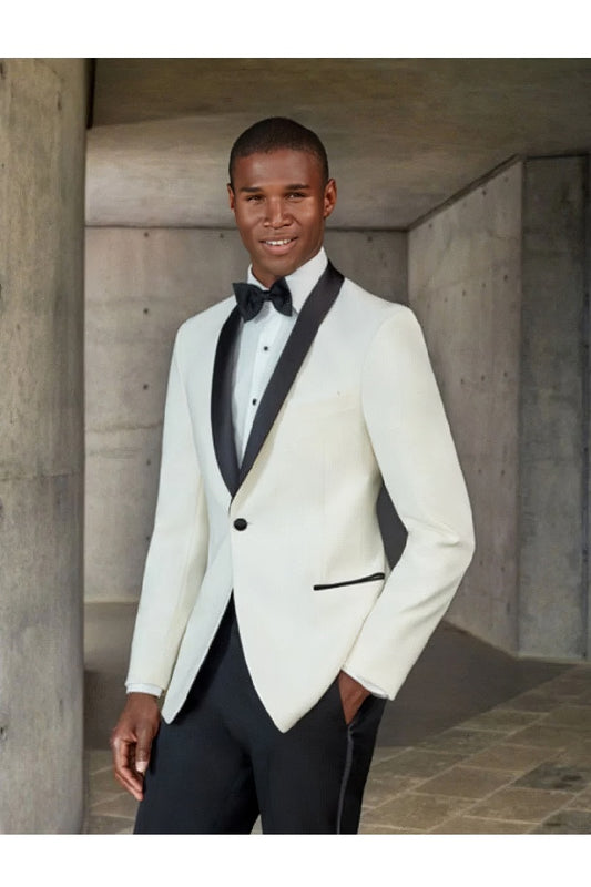 Mens Designer Ivory & Black Traditional Shawl Dinner Jacket