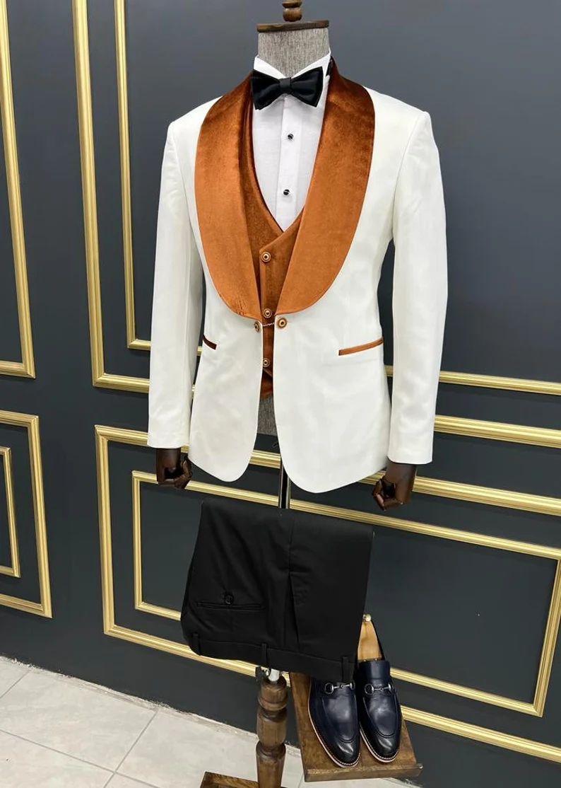 Mens White Slim Fit Tuxedo with Burnt Orange Velvet Shawl Collar