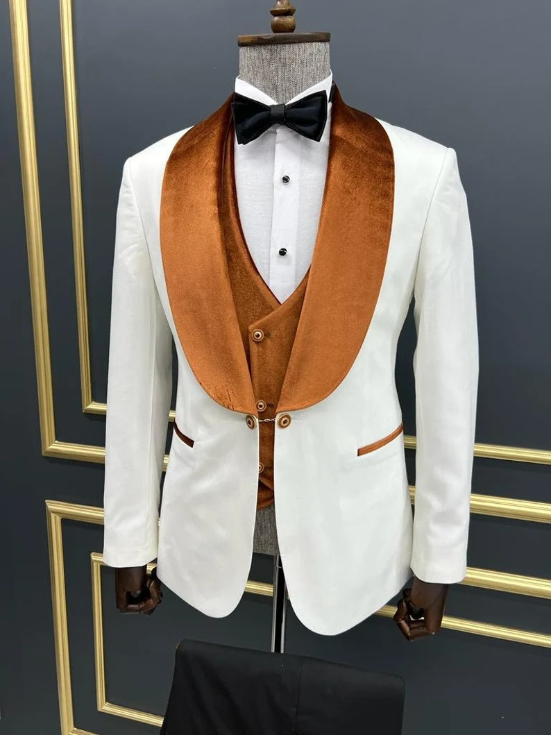 Mens White Slim Fit Tuxedo with Burnt Orange Velvet Shawl Collar