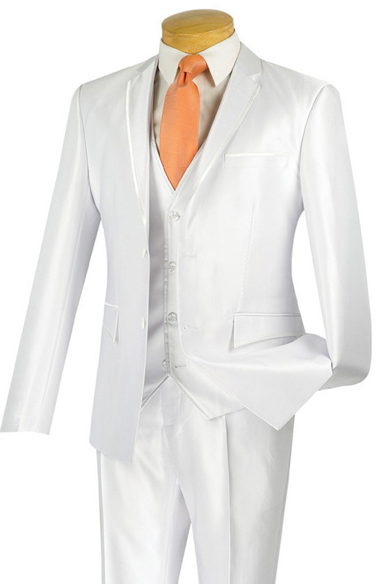 Mens Ultra Slim Fit Vested Shiny Sharkskin Suit with Trim in White - 36 Short