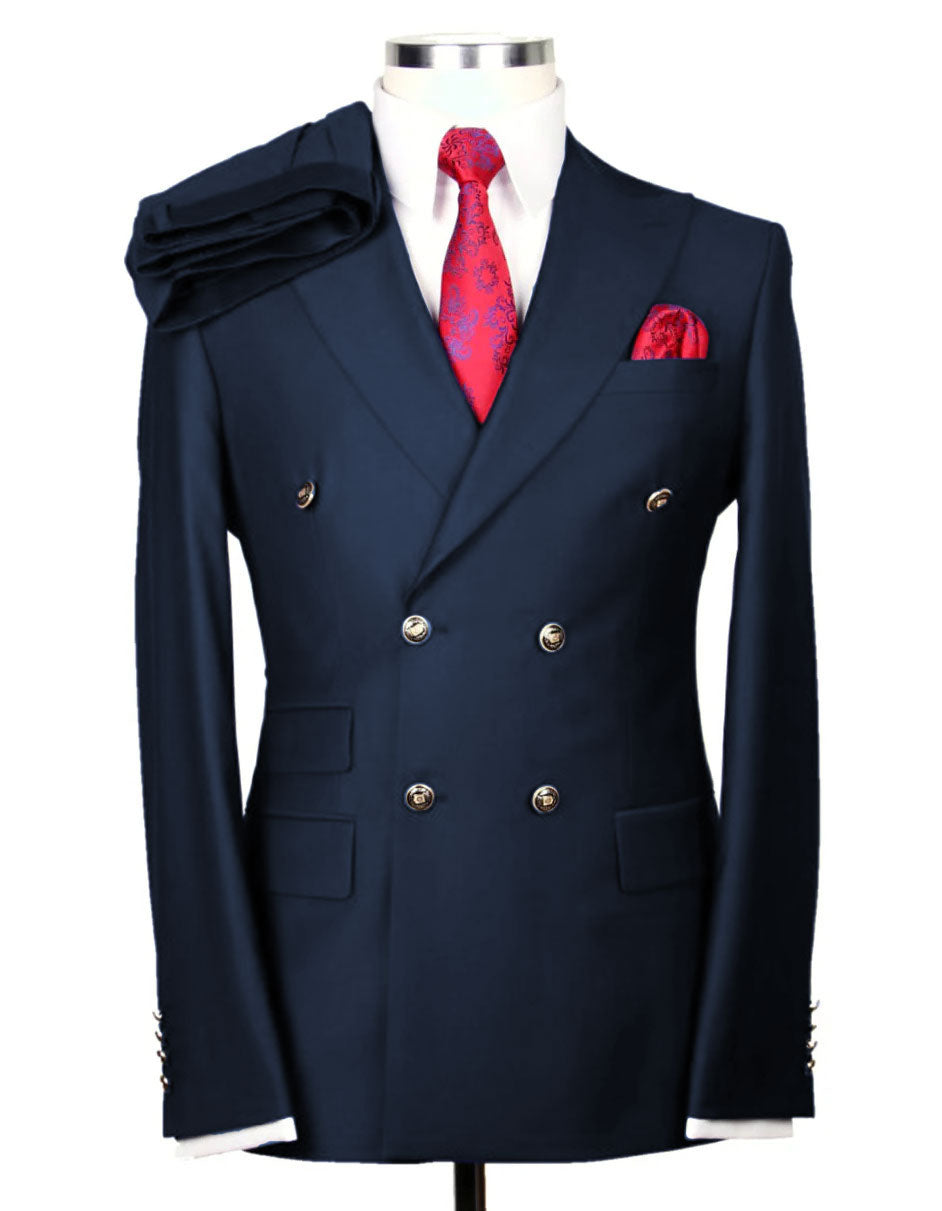 Mens Designer Modern Fit Double Breasted Suit with Gold Buttons in Indigo Blue - 34 Short or Extra Small