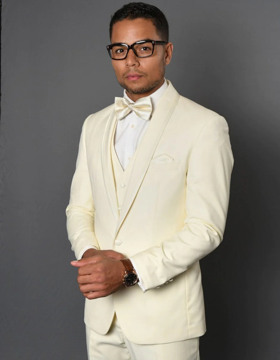 "Mens One Button Satin Trim Shawl Tuxedo Suit in Ivory Wool"