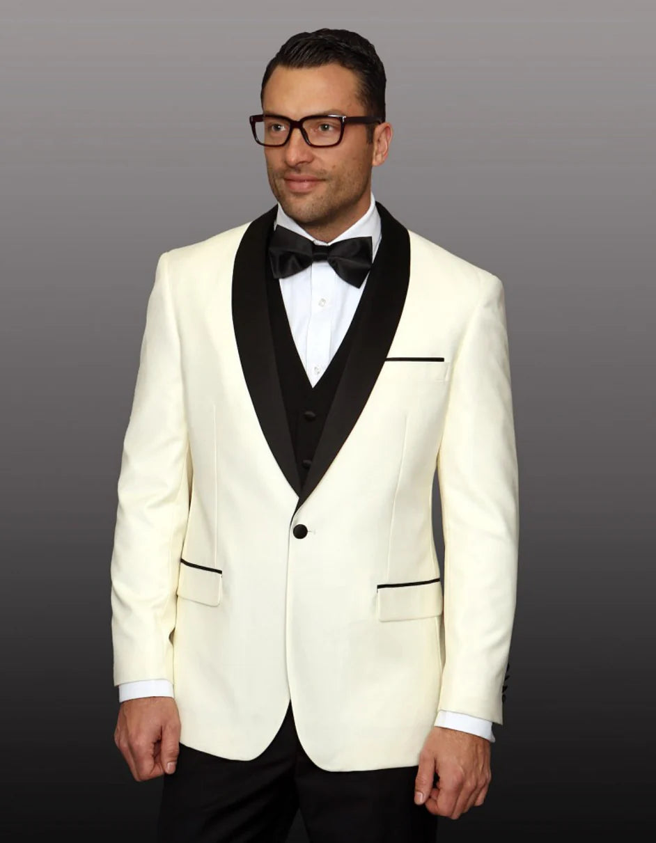 "Mens Suit 1 Button Shawl Lapel Wool Dinner Jacket in Ivory & Black"