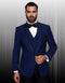 Mens Navy Blue Wedding Tuxedo - Dark Blue Tuxedo Suit"Mens One Button Satin Trim Shawl Tuxedo in Sapphire Blue & Black