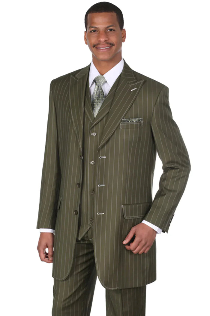 Mes Vintage Vested Gangster Pinstripe Suit Bold Olive Green Fashion 3-Piece Set