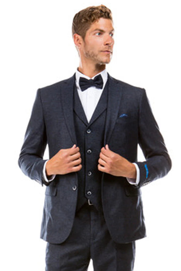 Mens Navy Blue Vintage Tweed Wedding Suit Two Button Jacket with Matching Vest