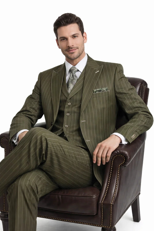 Mes Vintage Vested Gangster Pinstripe Suit Bold Olive Green Fashion 3-Piece Set