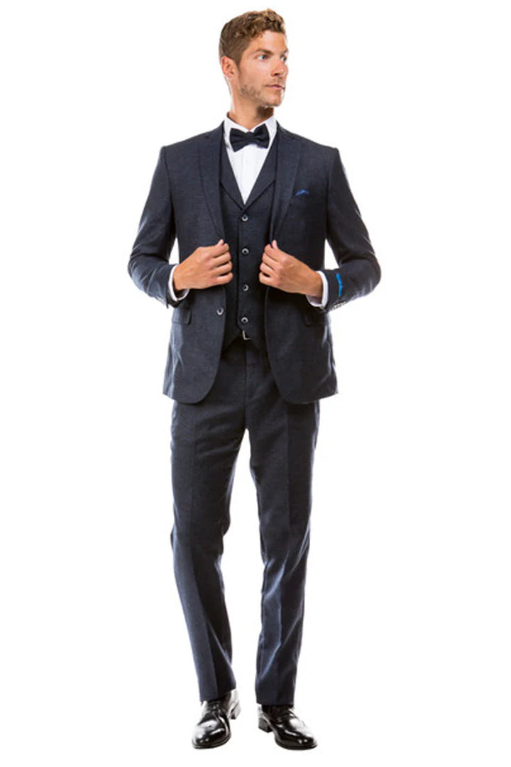 Men’s Navy Blue Vintage Tweed Wedding Suit – Two Button Jacket with Matching Vest - 38 Short Jacket+32 Waist Adjustable 28to34)(Height: 5 4 to5 7 )(Neck  15-16.5)S-M)