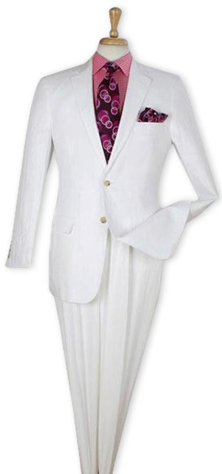 Men's White 100% Linen Two Piece Regular Fit Suit Flat Front Pants - Mens Linen Suit - 52 Long