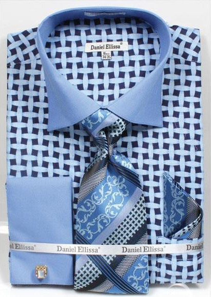 Daniel Ellissa Blue Bright Net Pattern Two Tone French Cuff Shirt Big And Tall Sizes Two Toned Contrast 18 19 20 21 22 Inch Neck Men's Dress Shirt - 15.5 Neck / 34-35 sleeve