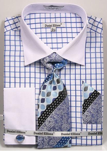 French Cuff Blue White Collar Big And Tall Sizes Dress Shirt - Large 16.5" Neck/34-35" Sleeve