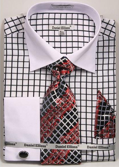 Large Daniel Ellissa Black Checked Pattern Two Tone French Cuff White  Collar Big And Tall Sizes Two Toned Contrast 18 19 20 21 22 Inch Neck Men's Dress  Shirt