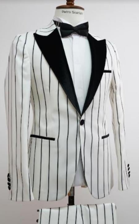 Mens White And Black Pinstripe 2 Button Vest Suit