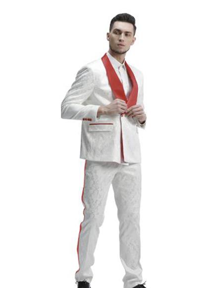 Mens New Years Outfit-Mens 1 Button Shawl Lapel White And Hot Red Wedding / Prom Outfit Tuxedo Suit + White Pants & White Vest