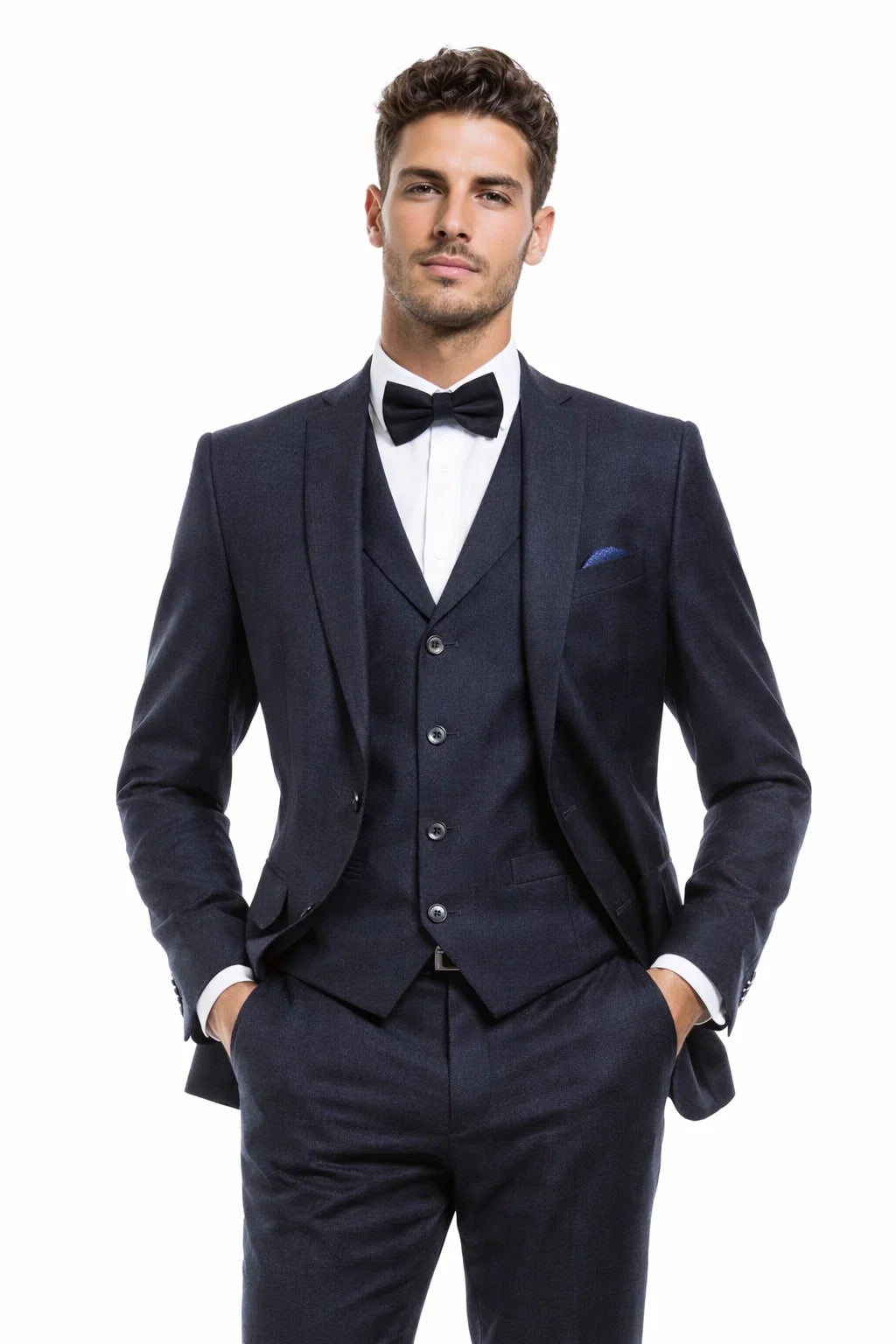 Men’s Navy Blue Vintage Tweed Wedding Suit – Two Button Jacket with Matching Vest - 38 Short Jacket+32 Waist Adjustable 28to34)(Height: 5 4 to5 7 )(Neck  15-16.5)S-M)