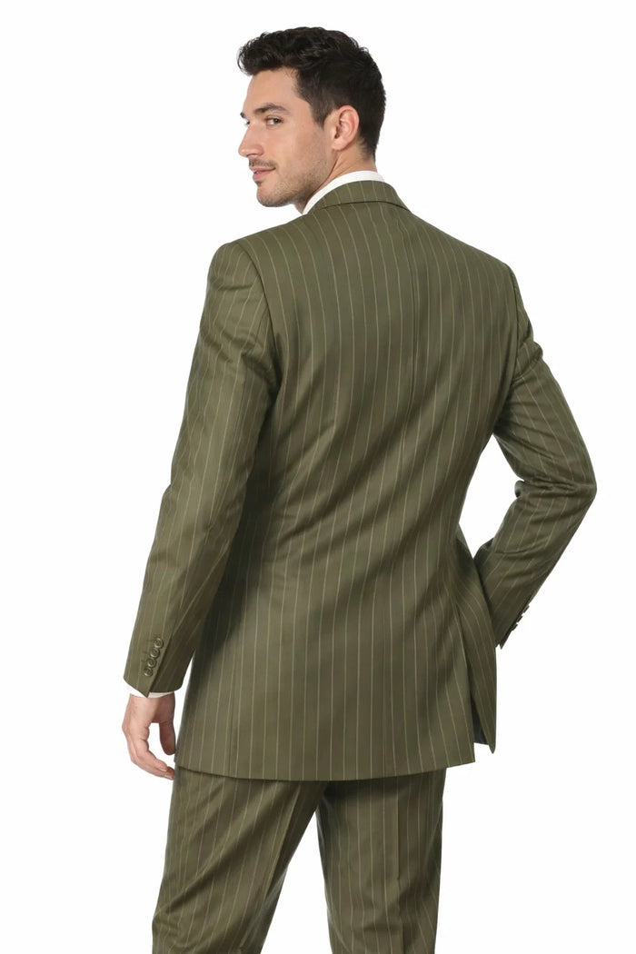 Mes Vintage Vested Gangster Pinstripe Suit Bold Olive Green Fashion 3-Piece Set