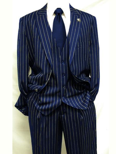 Men's Dark Navy Blue ~ White Mars Vested Peak Lapel Gangster Bold PinStripe Suit - 38 Short Jacket+32 Waist Adjustable 28to34)(Height: 5’4”to5’7”)(Neck 15-16.5)S-M)