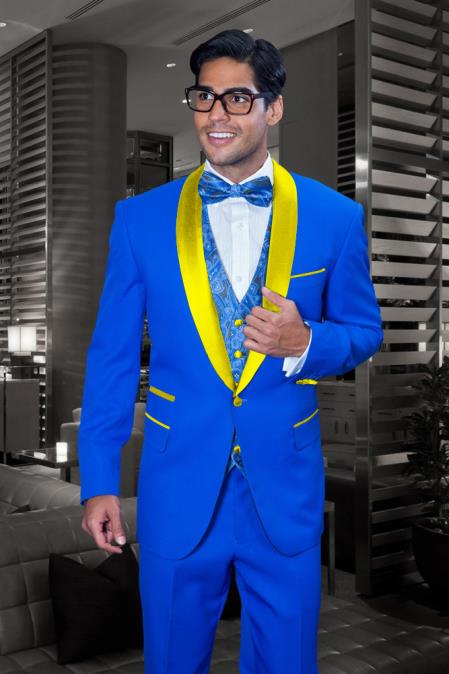 Men's Royal Blue and Yellow Tuxedo Jacket & Pants - 38 Short Jacket+32 Waist Adjustable 28to34)(Height: 5’4”to5’7”)(Neck 15-16.5)S-M)