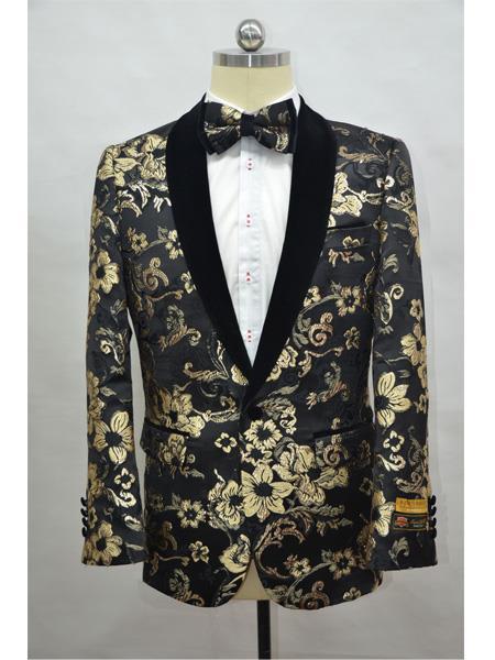 Men's Black-Gold Four Button Cuff Shawl Lapel Tuxedo - Black-Gold
