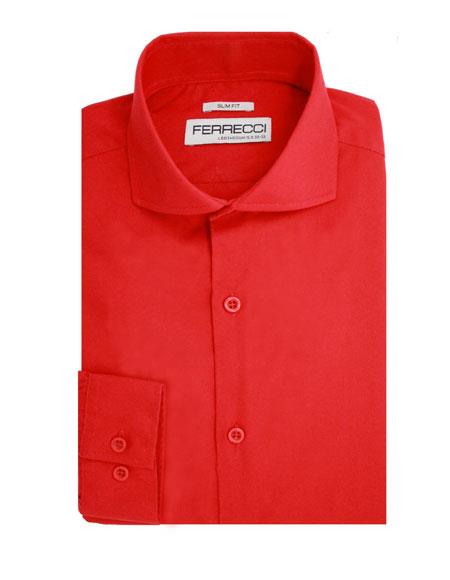 Red Spread Collar Button Closure Cotton Men's Dress Shirt