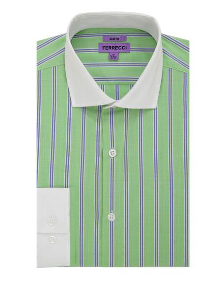 Striped Pattern Matching White Collar & Cuffs Green Cotton Men's Dress Gingham Shirt - Checker Pattern - French Cuff - White Collared + Free Bowtie - New Arrival - Small