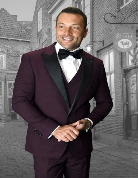 Alberto Burgundy 1-Button Peak Tuxedo - 38 Short Jacket+32 Waist Adjust 28to34)(Height: 5 4 to5 7 )(Neck  15-16.5)S-M)