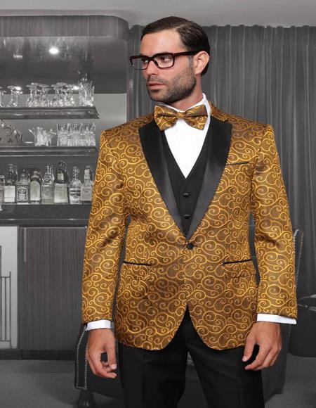 Bellagio Gold 1-Button Notch Tuxedo - 38 Short Jacket+32 Waist Adjust 28to34)(Height: 5 4 to5 7 )(Neck  15-16.5)S-M)