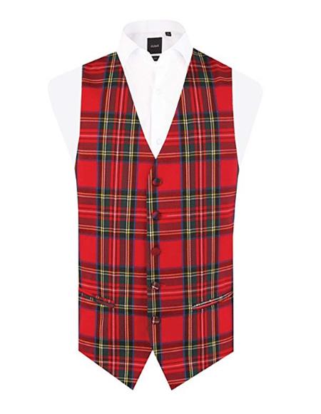 Men's Red Tartan - Plaid Vest Regular Fit 5 Button Waistcoat - S or Small