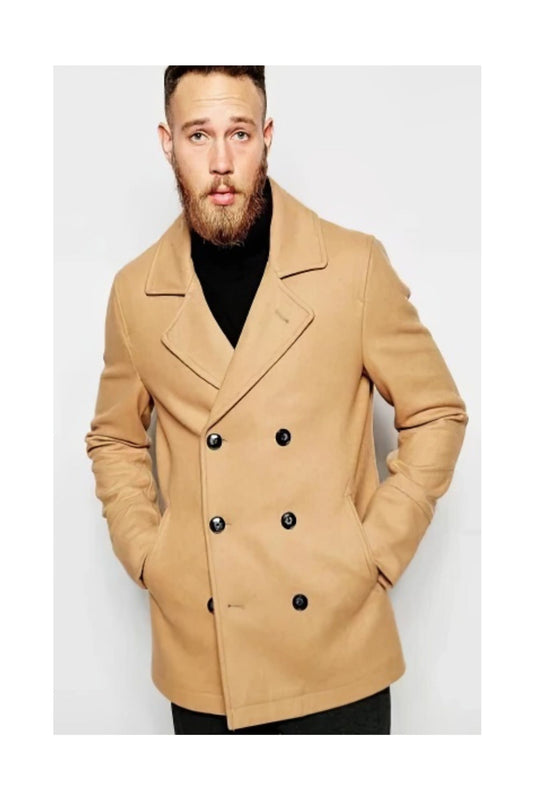 Mens Camel ~ Tan ~ Beige ~ khaki Wool Fabric Peacoat Available in big and tall sizes