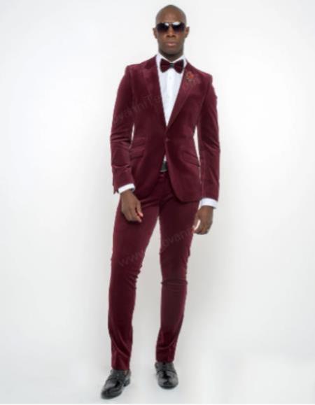 Burgundy Modern Stylish Ensemble Velvet Suit - 38 Short Jacket+32 Waist Adjustable 28to34)(Height: 5’4”to5’7”)(Neck 15-16.5)S-M)