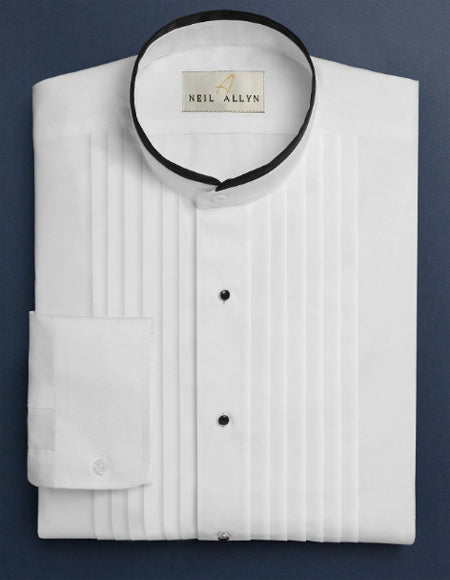 White Pleated Mandarin Tuxedo Collarless Dress Shirt - S Or Small