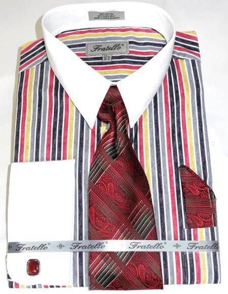 Red Cathedral Stripe Colorful Pinstripe Pattern - White Collared - French Cuffed Men's Dress Shirt - Striped Dress Shirt - Mens Pinstripe Dress Shirt