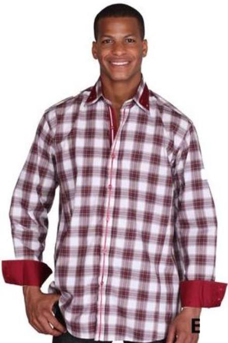 Patterned Dress Shirt - Men's Burgundy Fashion Plaid High Collar Shirt With Solid Trim - Large 16.5" Neck / 34-35" Sleeve