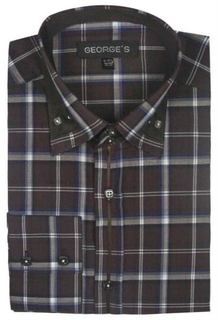 Patterned Dress Shirt - Men's Brown Fashion Plaid High Collar Shirt With Solid Trim - Large 16.5" Neck / 34-35" Sleeve