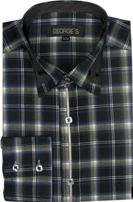 Patterned Dress Shirt - Men's Black Fashion Plaid High Collar Shirt With Solid Trim
