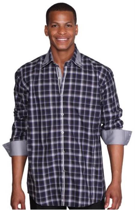 Patterned Dress Shirt - Men's Navy Blue Fashion Plaid High Collar Shirt With Solid Trim - Large 16.5" Neck / 34-35" Sleeve