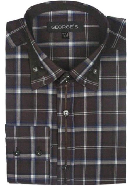 Patterned Dress Shirt - Men's Brown Fashion Plaid High Collar Shirt With Solid Trim