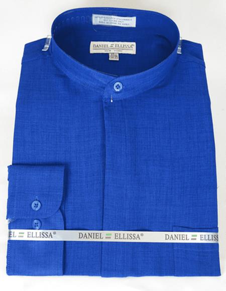 Navy Button Down Style Banded Collar Dress Shirt - Large 16.5" Neck / 34-35" Sleeve