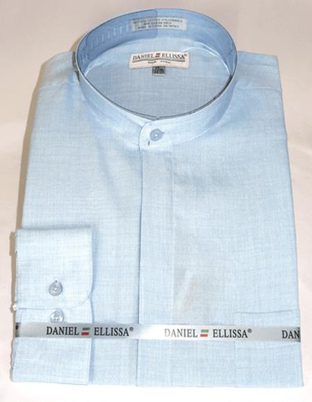 Blue Banded Collar Polyester Dress Shirt
