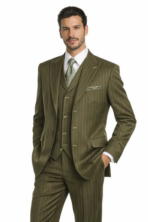 Mes Vintage Vested Gangster Pinstripe Suit Bold Olive Green Fashion 3-Piece Set