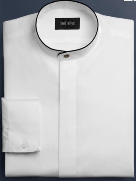 Mens Cotton Black Banded Mandarin Shirt In White - 15.5 Neck / 34-35" Sleeve