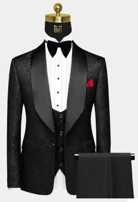 Men One Button Floral All Black Tuxedo with Shawl Lapel – 3 Piece - 36 Regular Jacket+30 Waist Adjustable 26to32)Height: 5'7"-6')(Neck: 14.5-16:S)