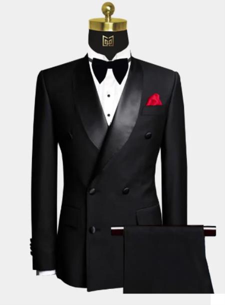 Men Six Button Black Double Breasted Tuxedo – 2 Piece - 58R