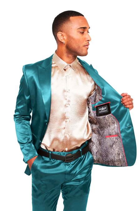 Mens Two Buttons Peak Lapel Suit Turquoise - 38 Short Jacket+32 Waist Adjustable 28to34)(Height: 5’4”to5’7”)(Neck 15-16.5)S-M)