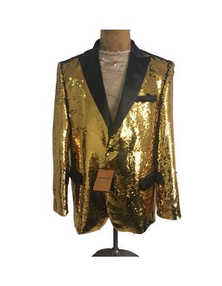 Mens Big and Tall Sequin Blazer - Shiny Fancy Sport Coat + Matching Bowtie + Gold Tuxedo-New Designer Collection - One size