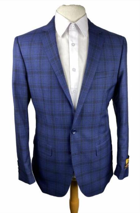 Mens Blue And Black Plaid Sport Coat - 36 Short
