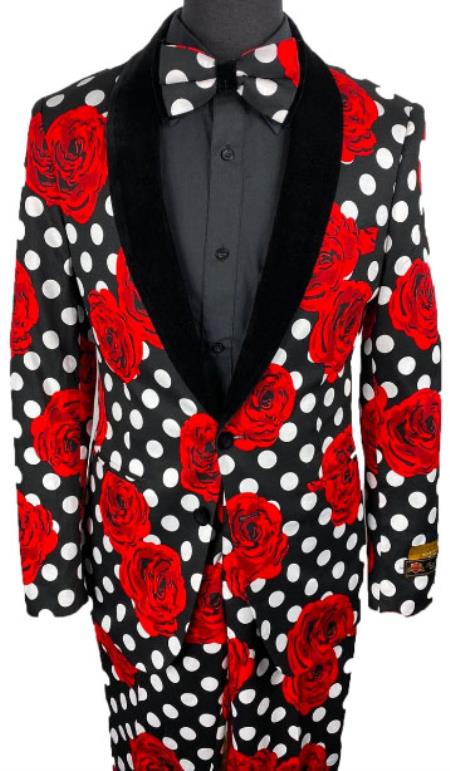 Mens Black and White Polka Dot Prom 2026 Tuxedo with Roses Package w/ Matching Pants and Bowtie - 38 Short Jacket+32 Waist Adjustable 28to34)(Height: 5’4”to5’7”)(Neck 15-16.5)S-M)