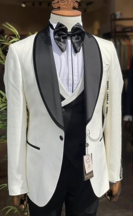 Mens Ivory With Black Lapel Tuxedo With Vest and Pants - 38 Short Jacket+32 Waist Adjustable 28to34)(Height: 5’4”to5’7”)(Neck 15-16.5)S-M)