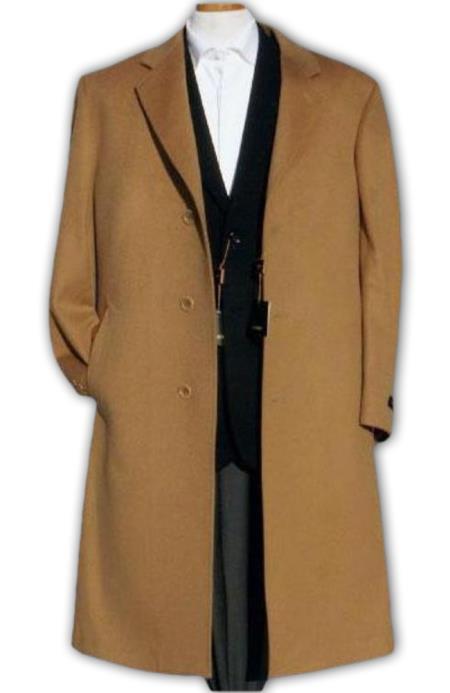 Men’s Camel Overcoat – Classic Single Breasted Wool Long Coat with Peak Lapel - Coat Size 38
